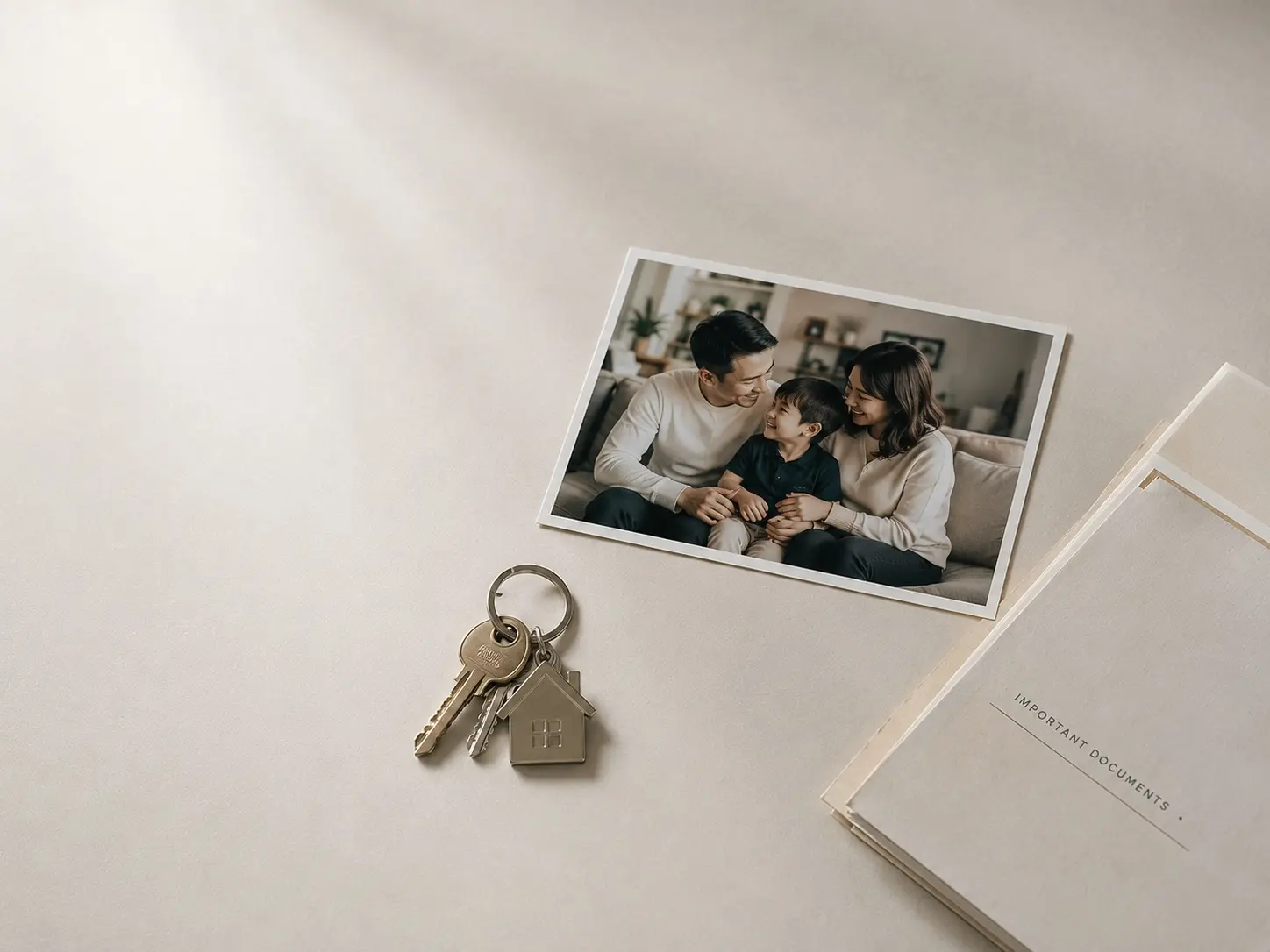 Our Family Plan, foto keluarga, kunci rumah, kopi, dan catatan rencana keuangan keluarga