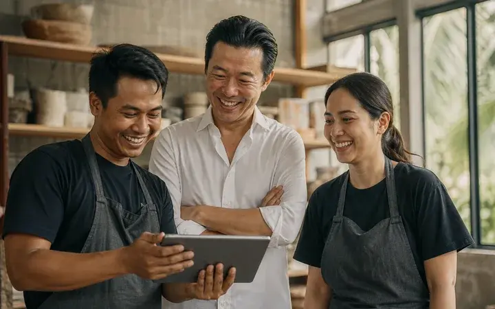 Pemilik usaha tertawa bersama dua stafnya di bengkel kerja yang terang