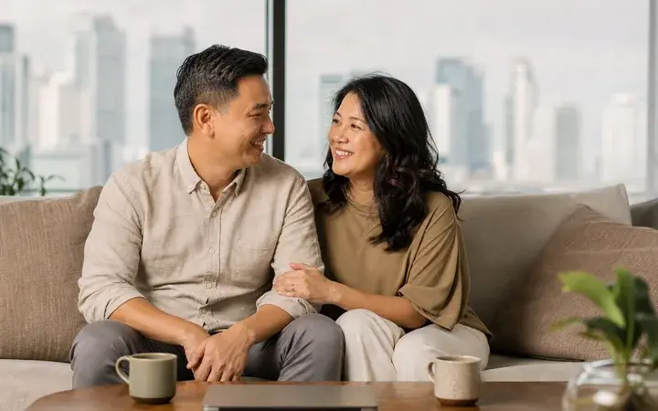 Pasangan tersenyum bersama di sofa apartemen dengan cakrawala Jakarta di belakang