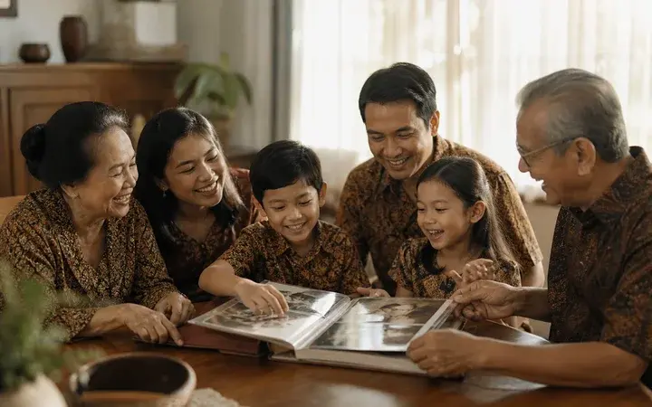 Tiga generasi keluarga tertawa bersama sambil membuka album foto lama