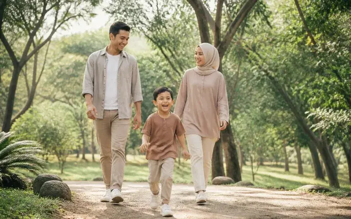 Ayah, ibu, dan anak berjalan riang di taman pada pagi hari